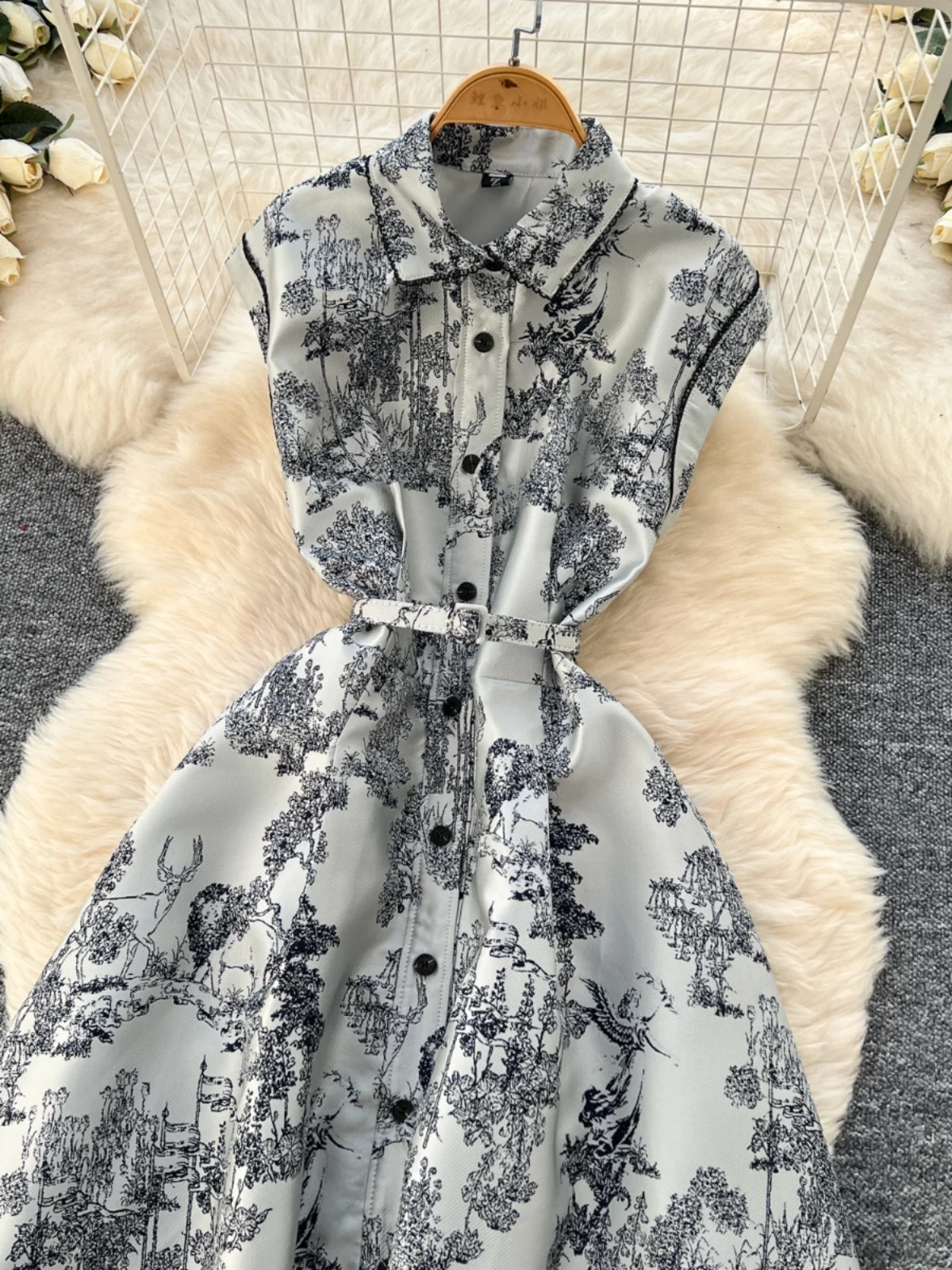 우아한 롱 드레스 2025 신상 여성용 하이웨이스트 A라인 스커트 스타일 민소매 턴다운 칼라 싱글 버튼 자수 미디 드레스