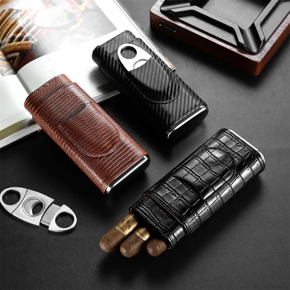 3-pack Cigar Case Portable Leather Holder Box Storage with Stainless Steel Sharp Cigar Cutter Luxury Smoking Accessories CH-24FA