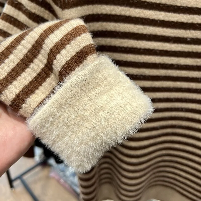 Stripe Plus Velvet Winter Sweater Women Korean Fashion Half High Collar Knit Pullover Oversized Loose Long Sleeve Knitwear Top