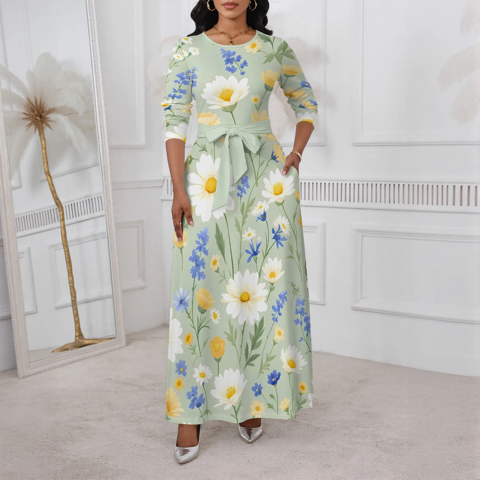 

Nupusa Standard Size Maxi Dress Light Green Floral Print Long Sleeve Belted Pocketed Dress