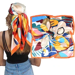 90x90cm Women Silk Scarf Versatile Hair Scarf Large Shawl Floral Print Stoles Square Bandanna Luxury Leisure Vacation Kerchief