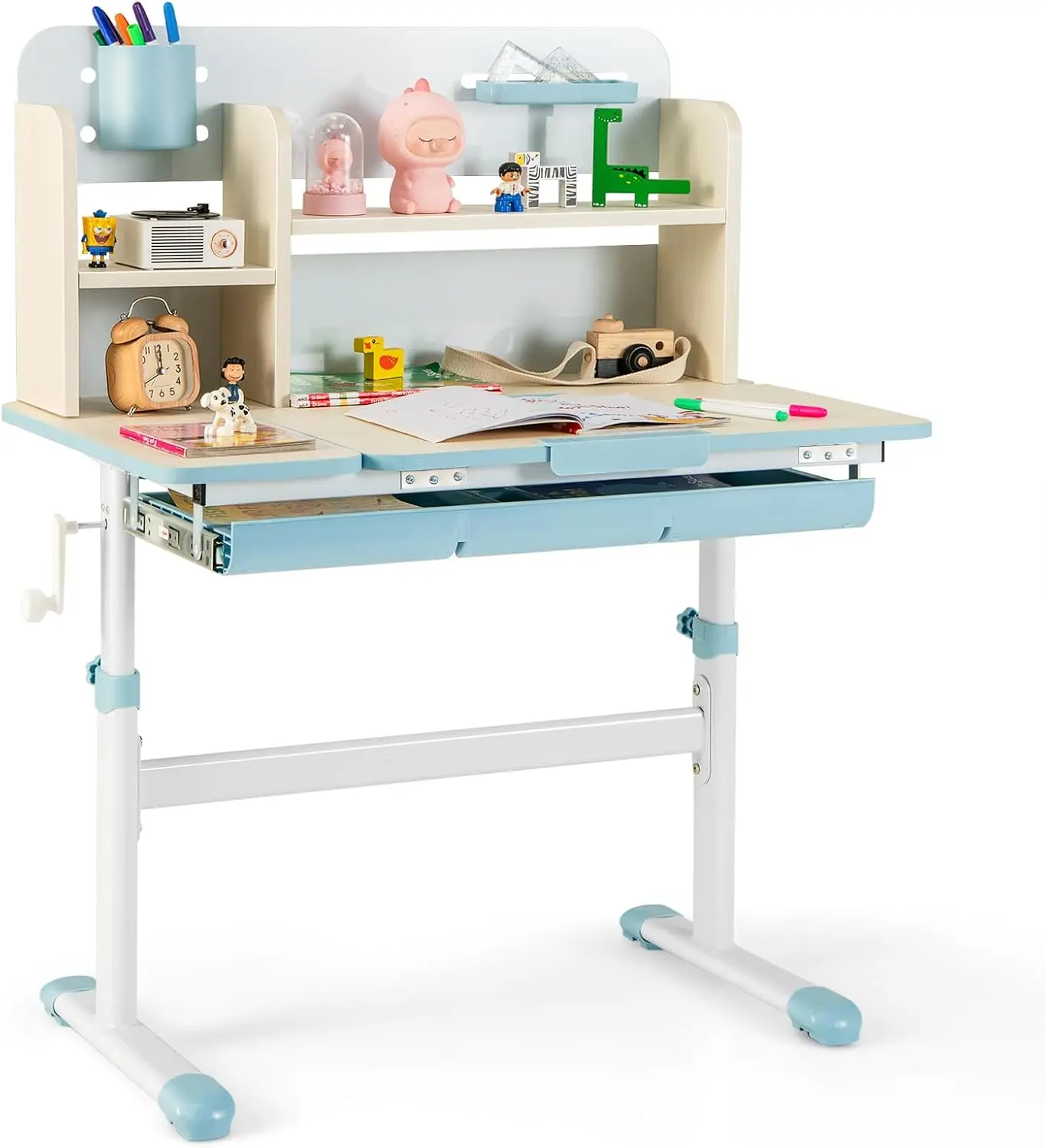 Kids Study Desk, Height Adjustable Children School Desk with Storage, Tilt Desktop, Pen Holder & Scale Ruler, Student Computer D