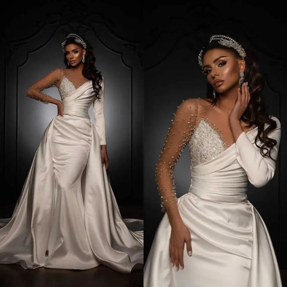 Customized Sheer Neck Shinny Beads Mermaid Wedding Dress with Removable Skirt  Plus Size Vestido De Novia Country Bridal Gown
