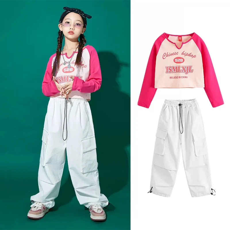 

Children Jazz Dance Clothes Hip Hop Street Dance Performance Costume Girls Festival Clothing Long Sleeve Tops Cargo Pants YS4472