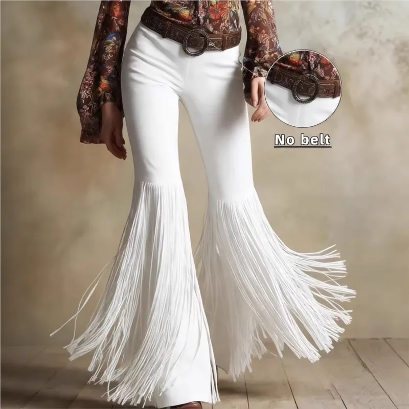 Women's Retro Western Tassel New Suede Fringe Flare Pants Spring Summer Personality Street Solid Color Mid-waist Micro Trousers