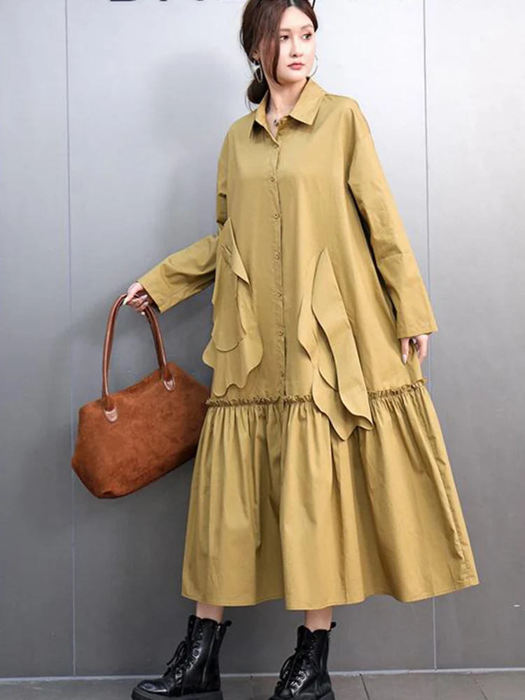 SHENGPALAE Women Chic Style Dress 2025 Spring Single Breasted Loose Patchwork A Line Female Casual Solid Color Dresses 5G522