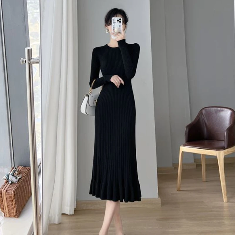 Knitting Midi Dress Women Ruffles Long Sleeve O-neck Casual Solid Vestidos De Mujer Temperament Autumn Clothing Korean Fashion