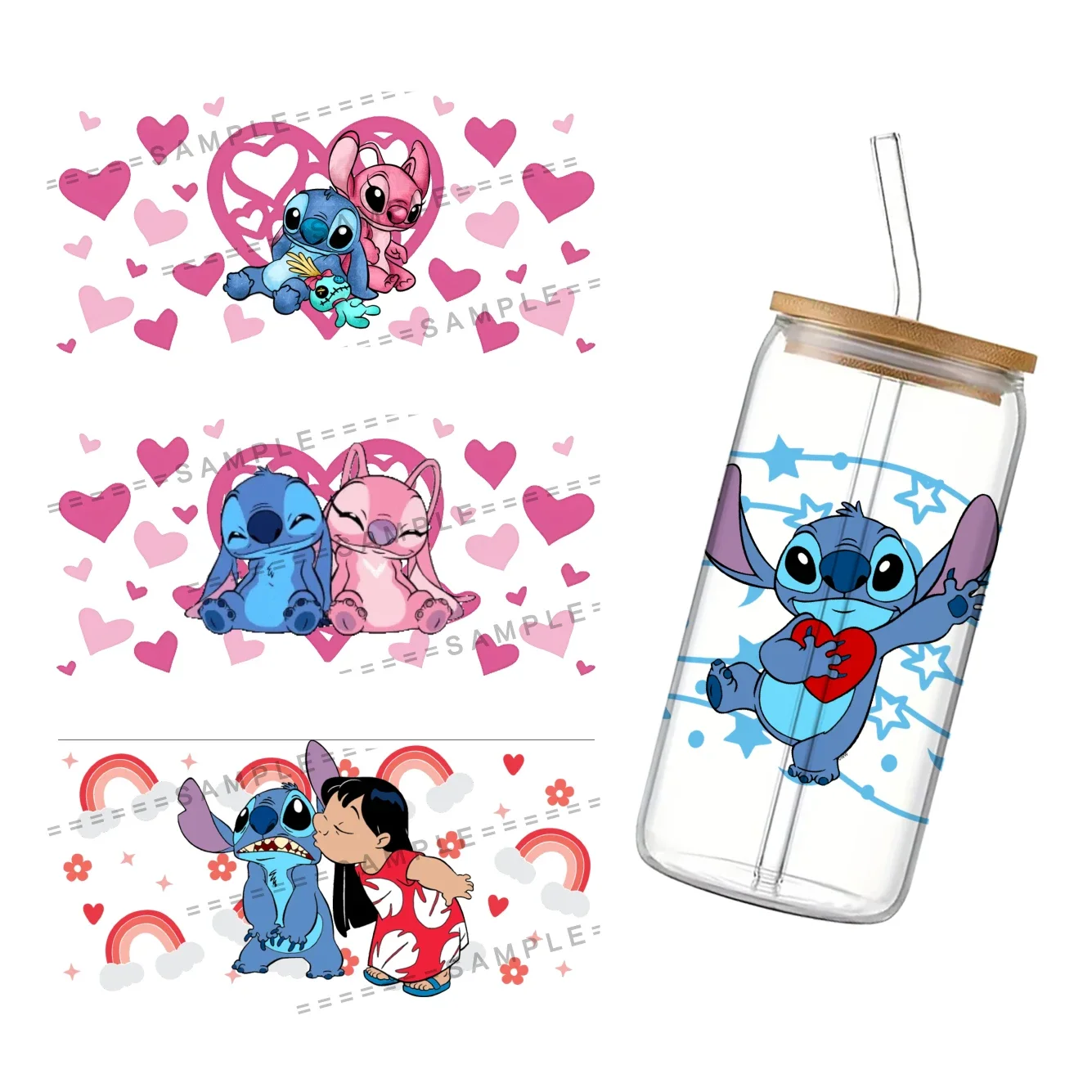 11x24cm Valentine's Day Theme UV DTF Cup Wrap for 16Oz Libbey Disney Stitch Glass Can DIY Transfer Sticker
