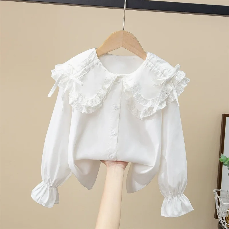 

Girls' Shirt 2026 Spring and Autumn New Item, Mid Size Children's Collar, White Cotton Long Sleeved Shirt, Girls' Casual Top