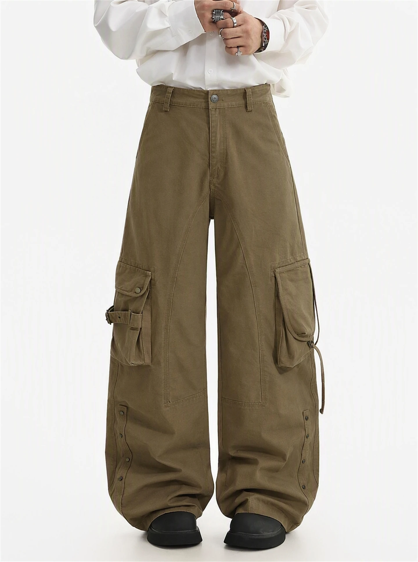 BETEBULE American High Street Loose Wide Leg Casual Logging Workwear Long Trousers Men's Multi-Pocket Deconstructed Vintage
