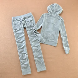 Velvet Tracksuit Solid Color Hooded Women Suit Velvet Sports Suit 2pc Thickened Solid Color Hooded Top + Casual Trousers