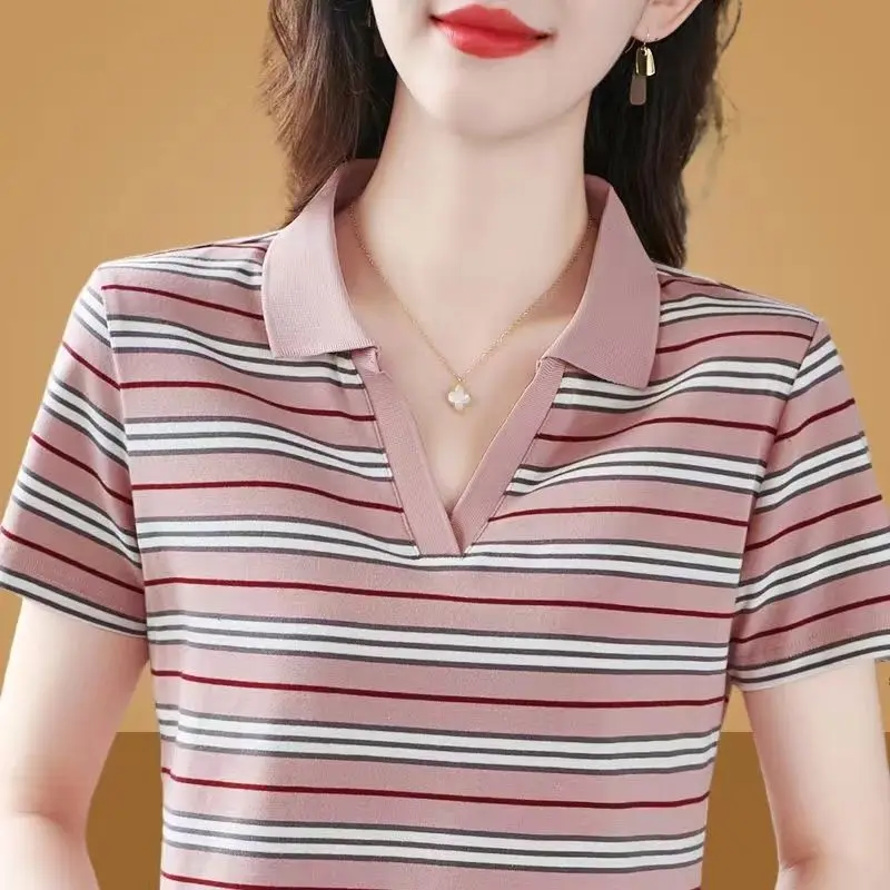 Female Clothing Polo Turn-down Collar Short Sleeve T-shirt Women's Summer 2023 New Stripe Casual Sports Fashion Casual Tops