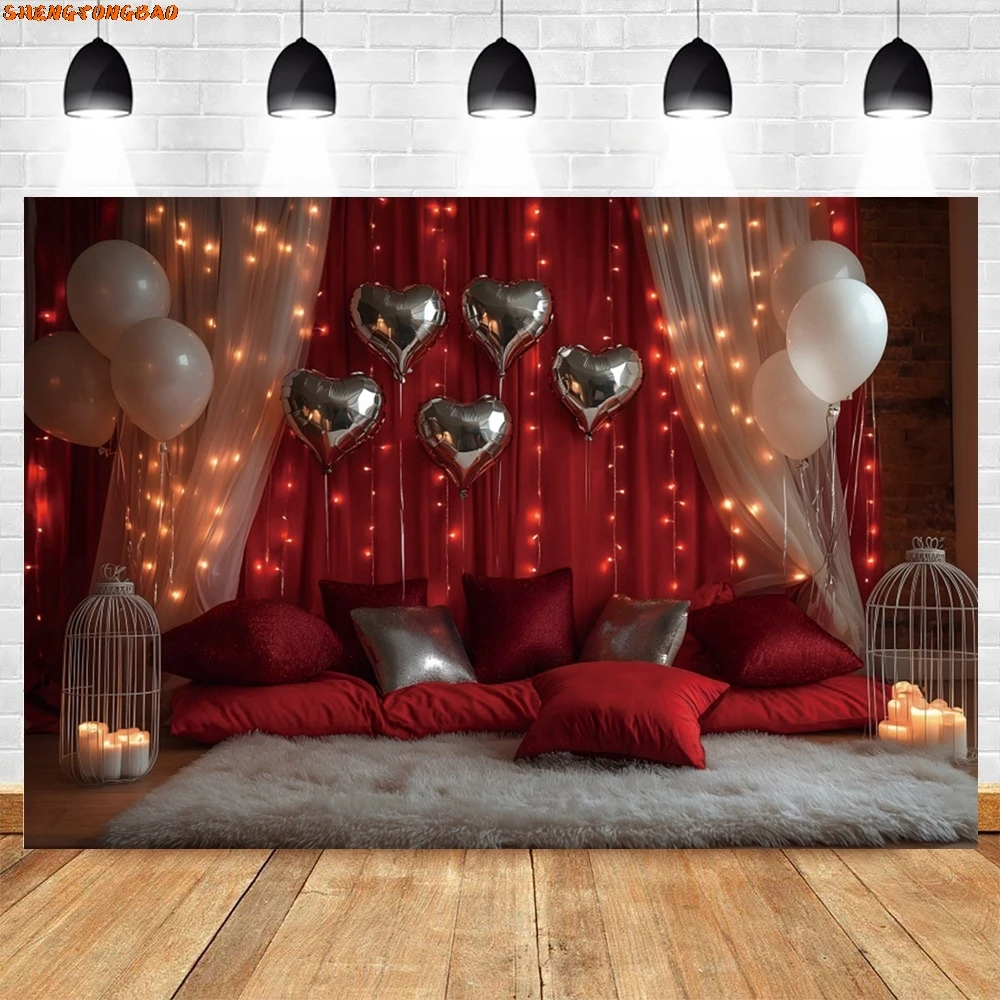 14 февраля фон для фотосъемки ко Дню святого Валентина с золотым блеском для дома, белая занавеска, красное сердце любви, портретный фон для пары