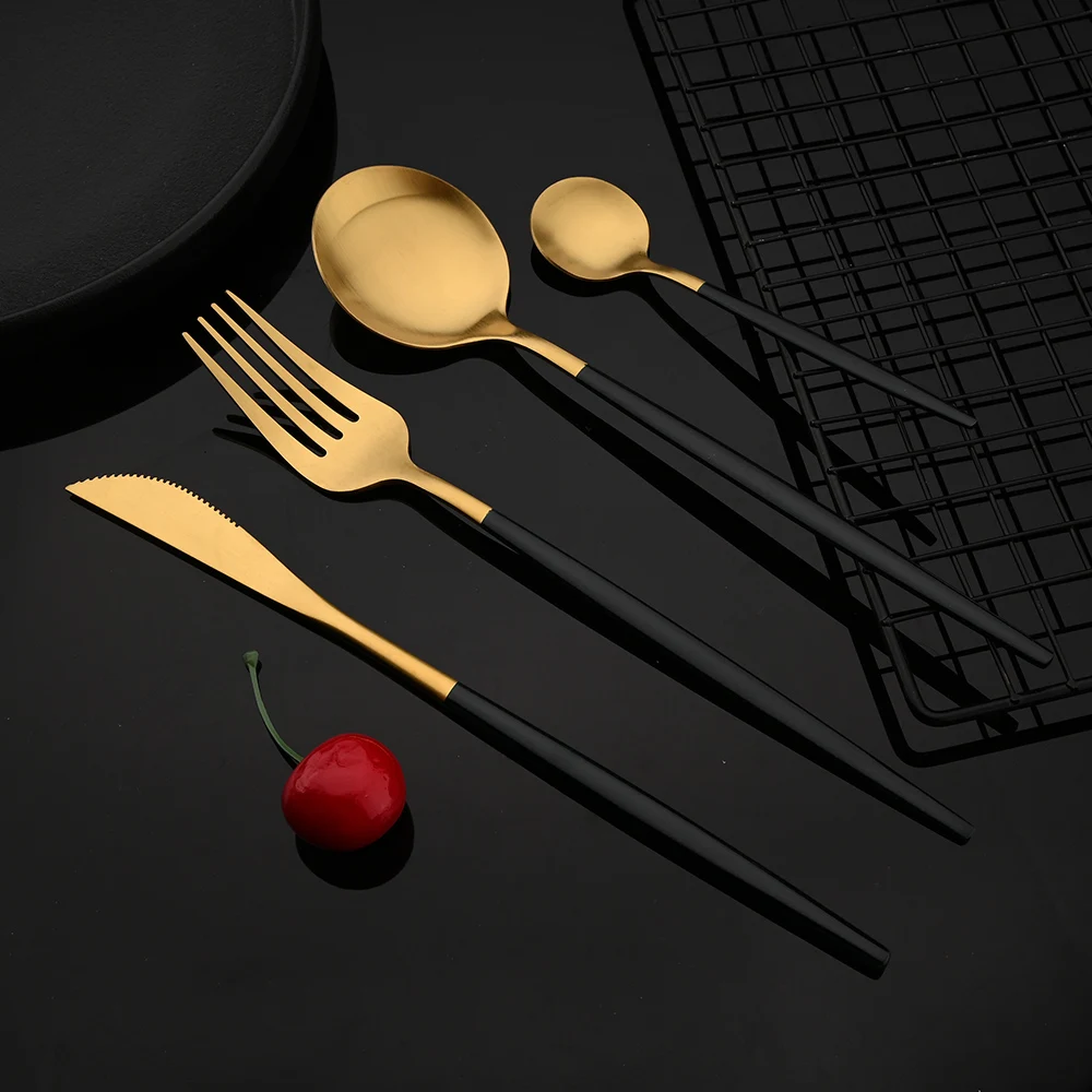 4Pcs black Gold Matte Cutlery Set Stainless Steel Dinnerware Silverware Flatware Set Home Knife Fork Spoon Picnic Tableware Set