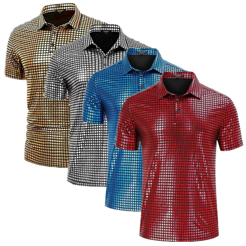 Fashion Men Short Sleeved Checkered Breathable Polo Shirt Red / Blue / Gold Homme High Street Casual Small Stretch Pullover Tops