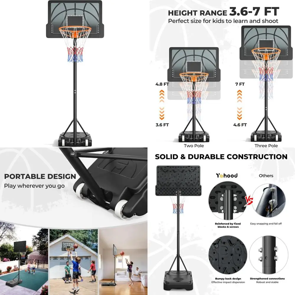 키즈, 청소년, 유소년용 높이 조절 가능 휴대용 농구대 - 3.6~7피트, 실내/실외 사용, 30인치 백보드