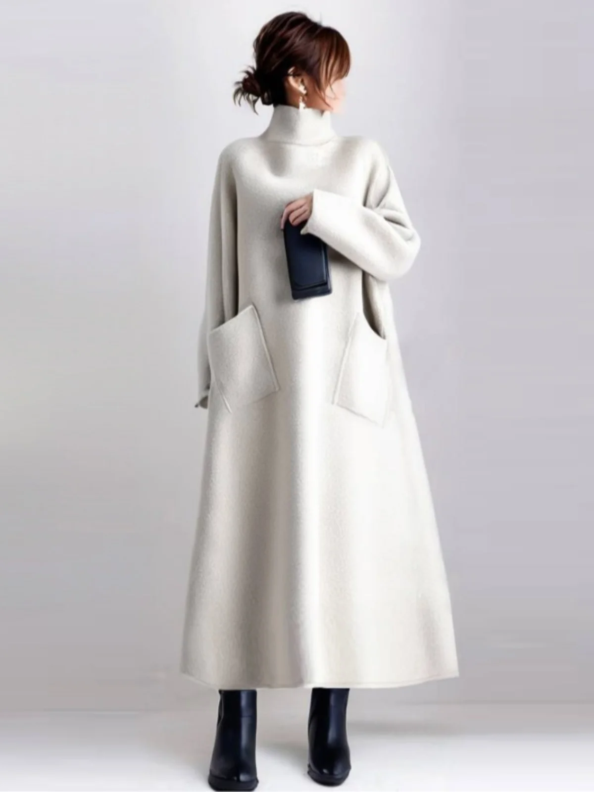 Korean Style High Collar Long Coat Casual Loose Pocket Design Woolen Jacket Bottoming Outerwear for Young Women