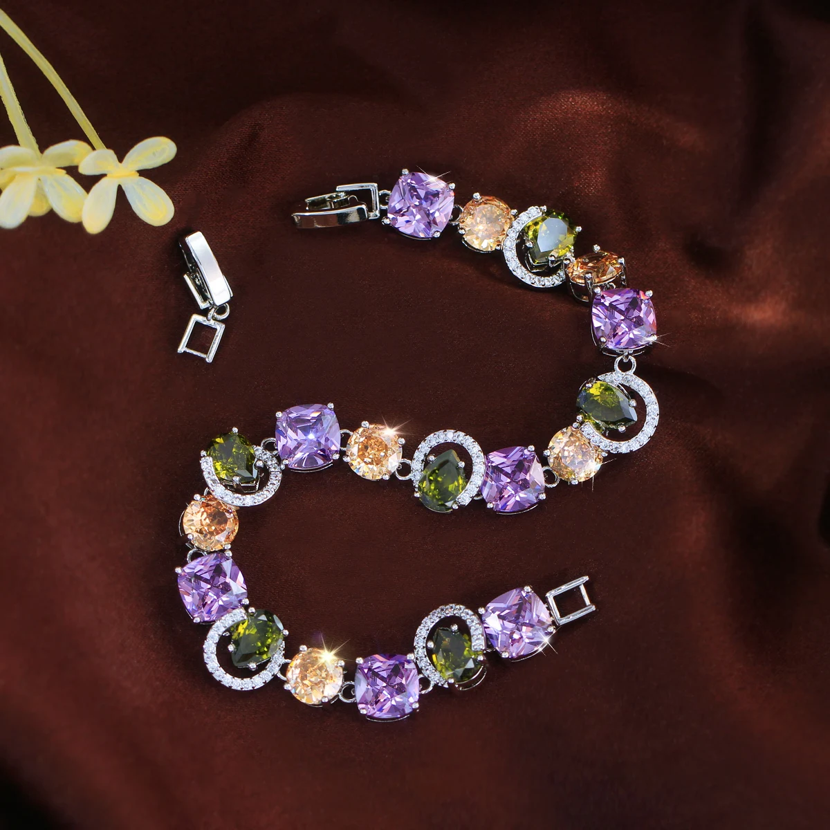CWWZircons Genuine Cubic Zirconia Sparkling Purple Olive Green CZ Stone Charm Female Engagement Party Bracelets Jewellery S0216
