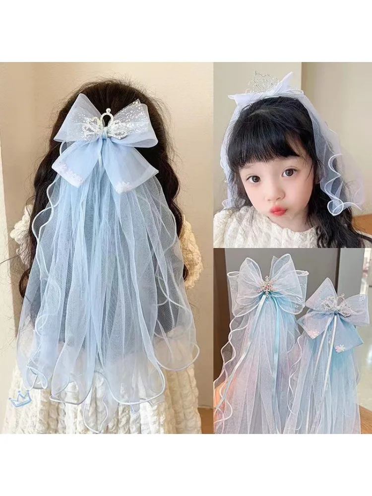 Épingle à cheveux voile pour enfants, voyage avec tête de couronne, accessoires pour cheveux Photo d'anniversaire, épingle à cheveux avec nœud de princesse pour filles