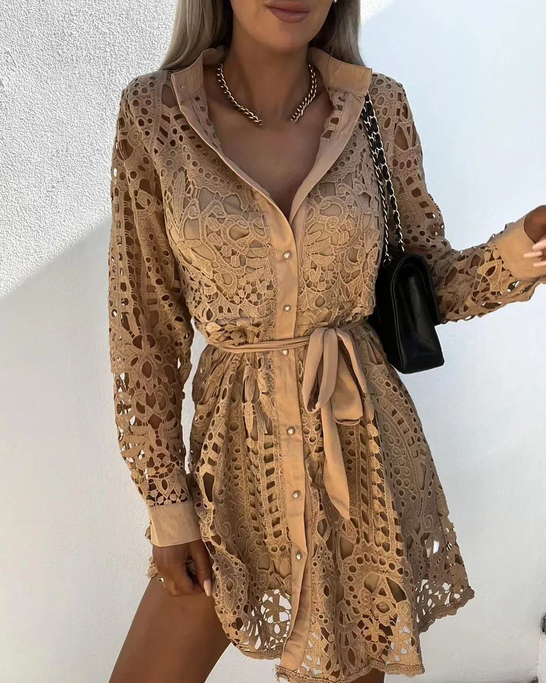 

Sexy Hollow Lace Dress Temperament Commuting Women's Clothing Fashion Solid Long Sleeve Single Breasted Lace Up Mini Dresses