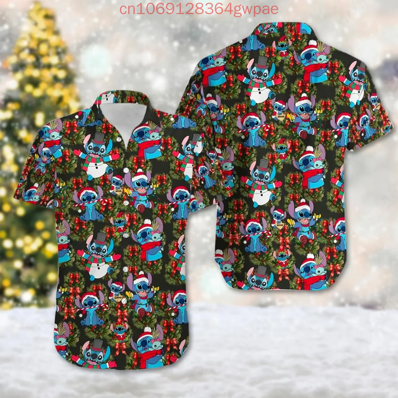 Disney Stitch Christmas Hawaiian Shirt Men's Women's Casual Short Sleeved Y2k Shirt Tops Cartoon Kids Button Up Beach Shirt