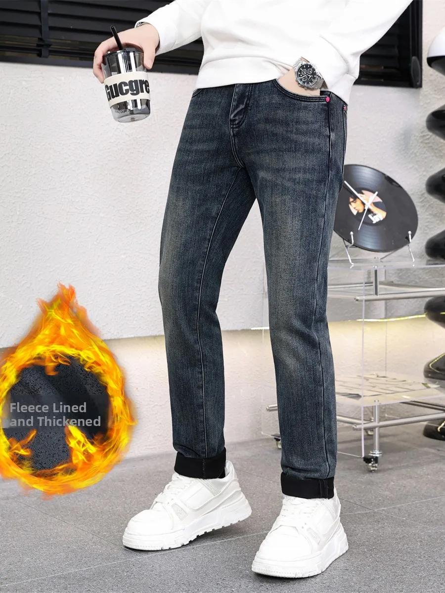 

Высококачественные мужские джинсы в стиле ретро с флисовой подкладкой, утепленные, осенне-зимние, облегающие, длиной до щиколотки, простые, теплые, повседневные, длинные брюки