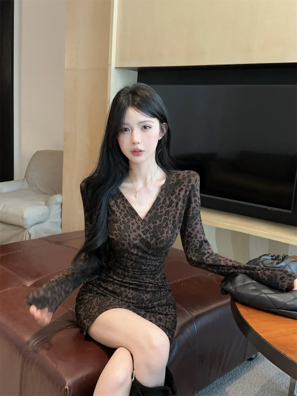 

Юбка для похудения V-Ne Pure Desire Sle Long Sve Dstring Waist Leopard Print Wrap Dr, осень-зима, женская мода...