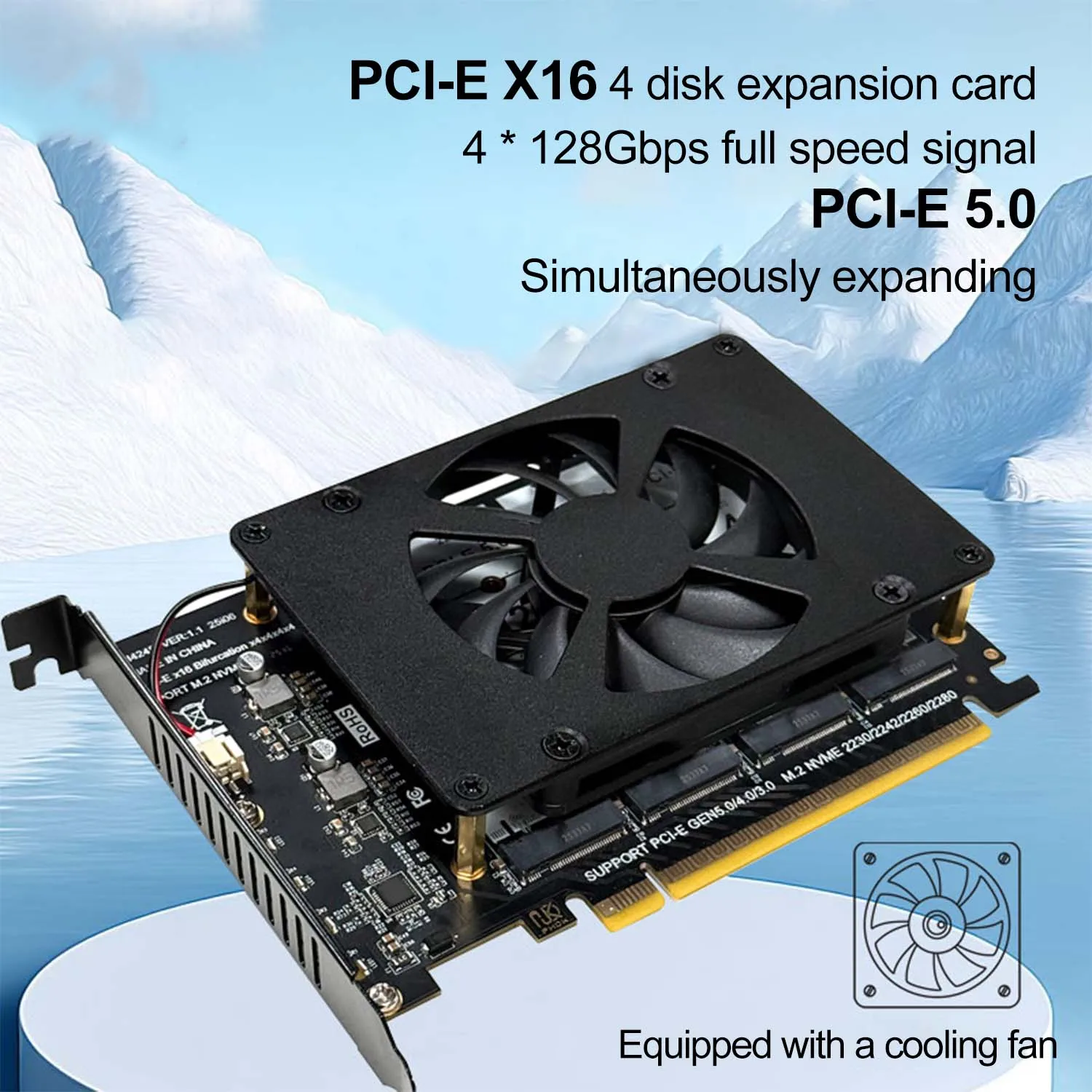 

PCIe X16 4-Disk Expansion Card PCIe 5.0 4 * 128Gbps Motherboard With Cooling Fan PCIe Split Card Supports 2230 2242 2260 2280