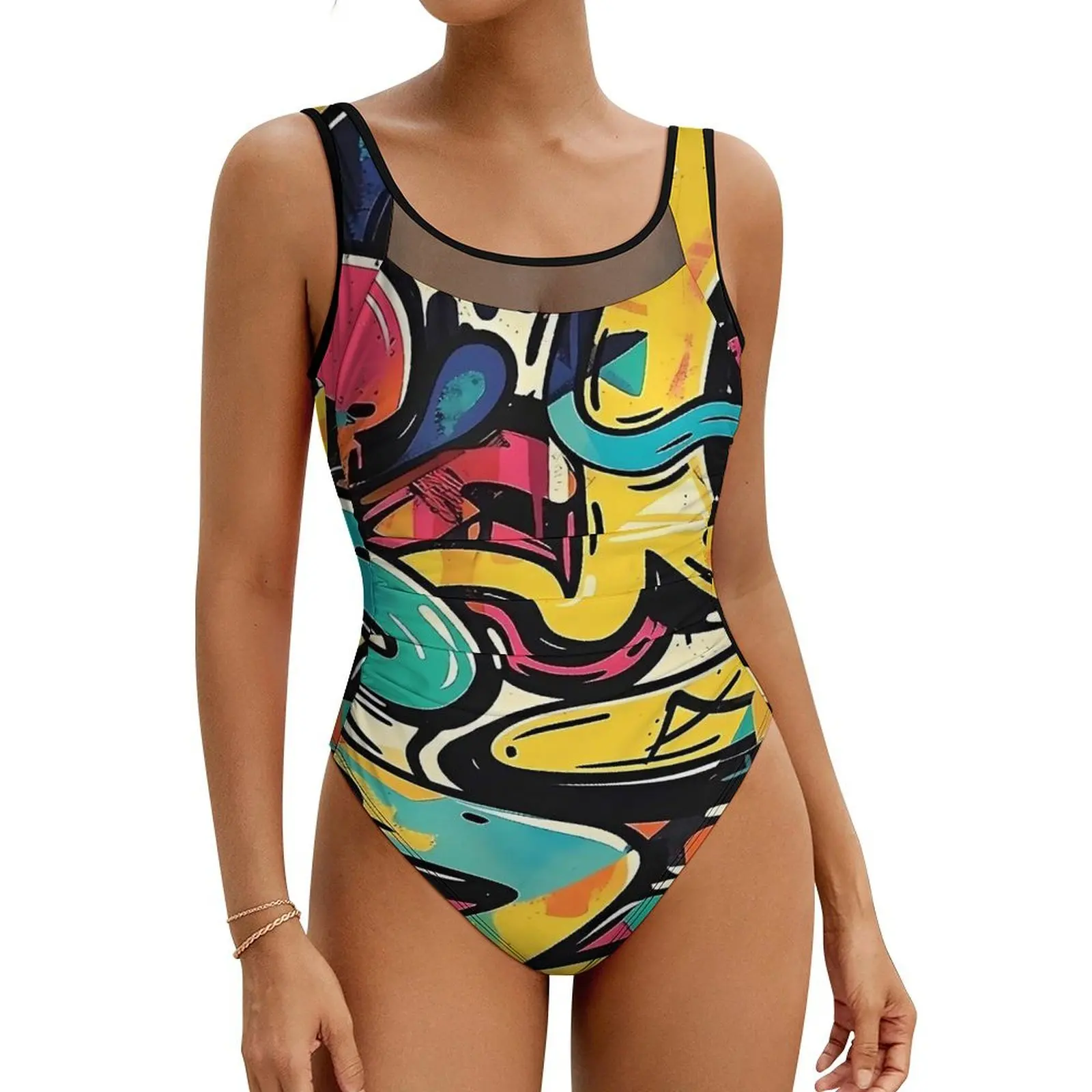 Abstract Graffiti Street Art Swimsuit Sexy  One Piece Swimwear Push Up Swimsuits Fashion Sport Bathing Suits