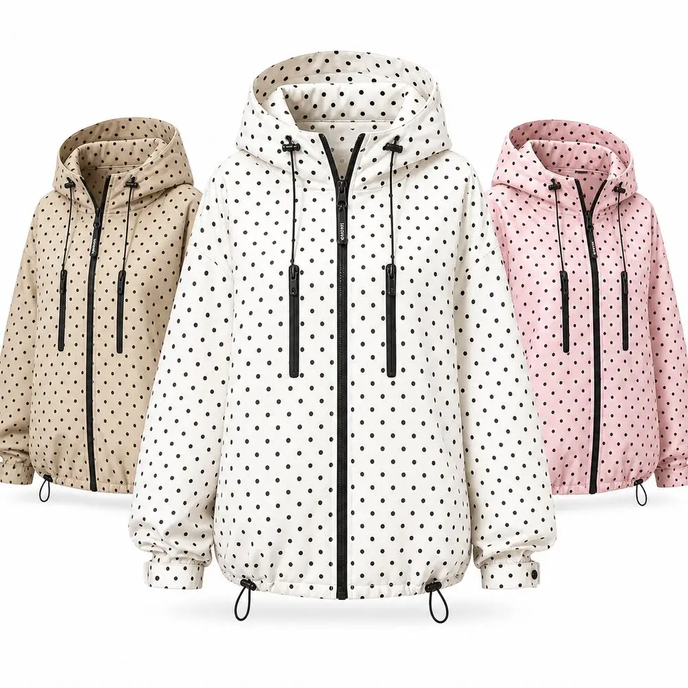 Polka Dot Hooded Windbreaker Jacket Wind Resistant Water Resistant Lightweight Raincoat Adjustable Drawstring Loose Fit