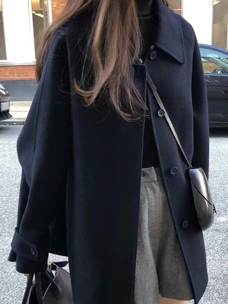 

ROUJE KEFSS Women's Mid-Length Woolen Coat Autumn Winter New Style Fashionable Outerwear for plus Size Shape Pear Shape