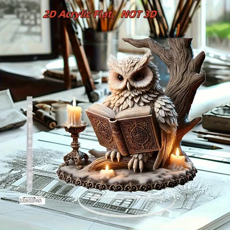 2D Flat Acrylic Owl Decor Not 3D Solid Statue Sparkling Crystal Snow Owl Desktop Ornament With Clear Acrylic Stand