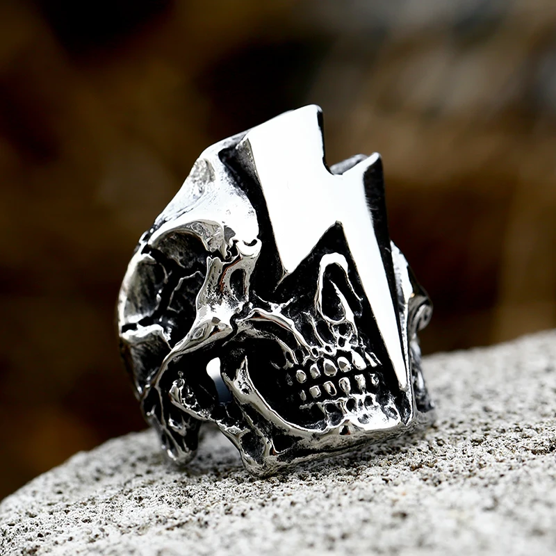2022 New Stainless Steel Lightning Skull Ring For Men Punk Rock Gothic Punk Metal Rock Biker Jewelry Accessories Wholesale