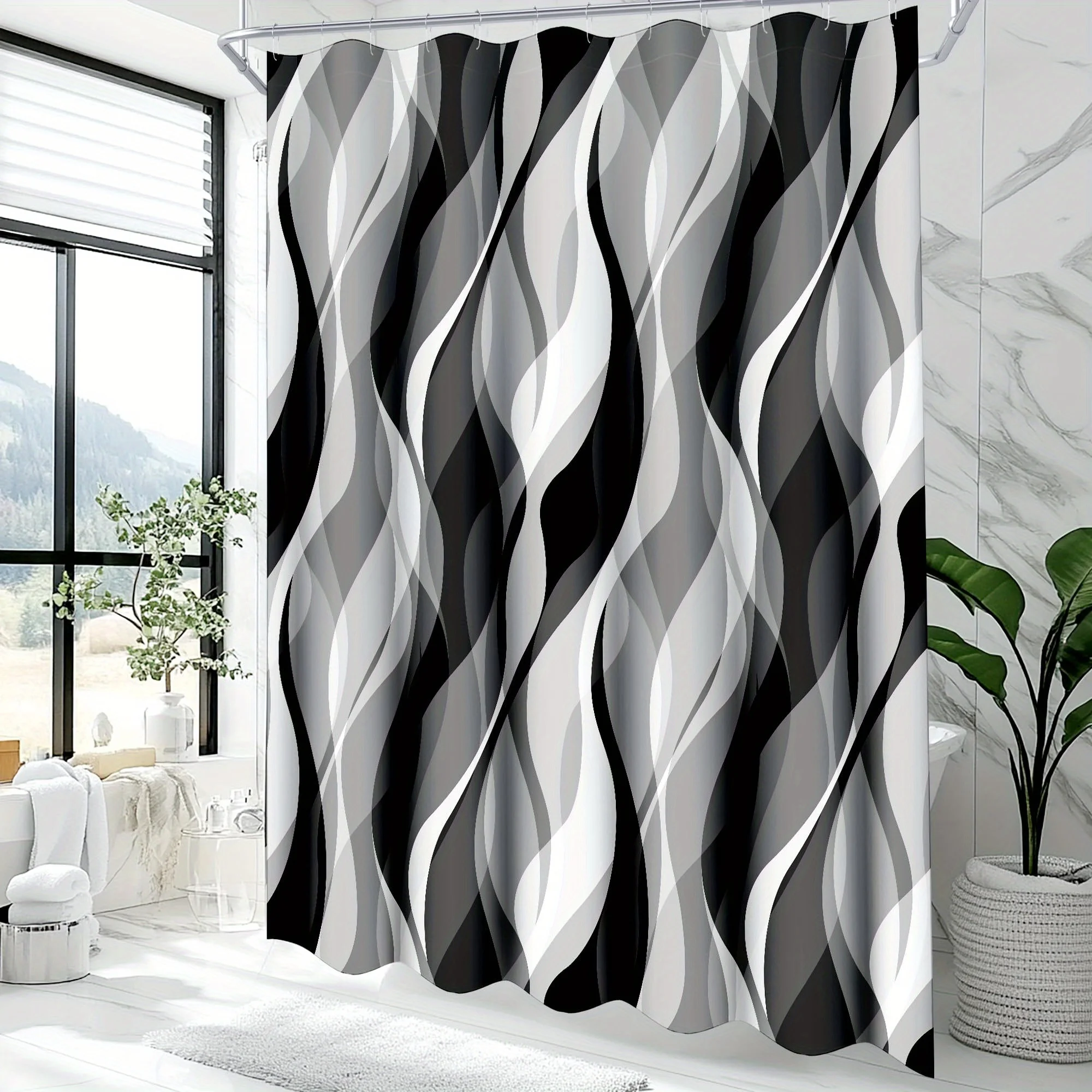 White & Gray Bathroom Shower Curtain - Digital Print Polyester No Drill Hooks Included, Machine Washable Modern Abstract