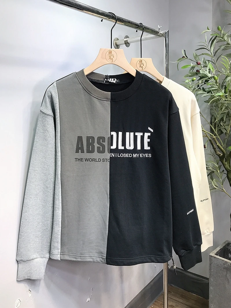 Camiseta Masculina de Algodão Puro com Estampa, Estilo Americano, Caimento Solto, Manga Longa, Gola Redonda, Tendência Jovem,...