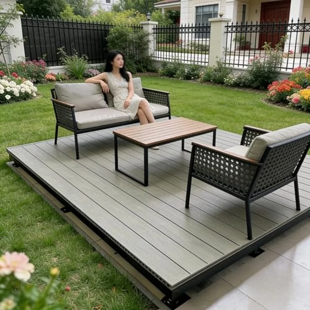 Outdoor Composite Deck Platform with Adjustable Height Feet Interlocking Decking Tiles for Patio Backyard Garden(Teak