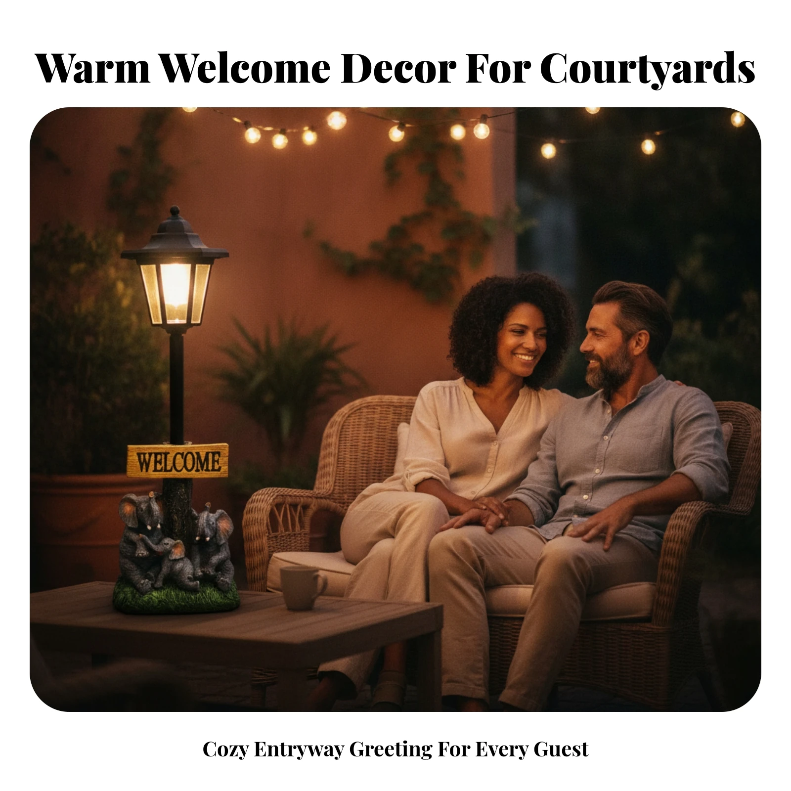 Wooden-Look Solar Garden Elephant Ornament Elephant Welcome Sign Statue Hexagonal Lantern 1 Piece Welcome Sign Lamp for Patio
