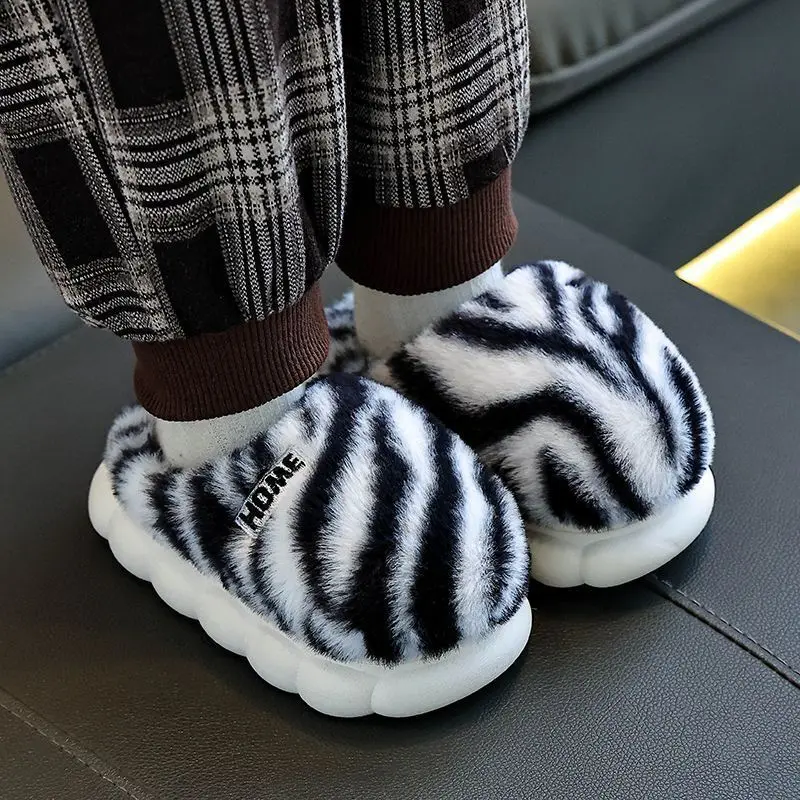 Zebra Printed Kids Slippers Winter Plush Warm Thicken Children Slippers Soft Bottom Home Shoes For Boys Girls