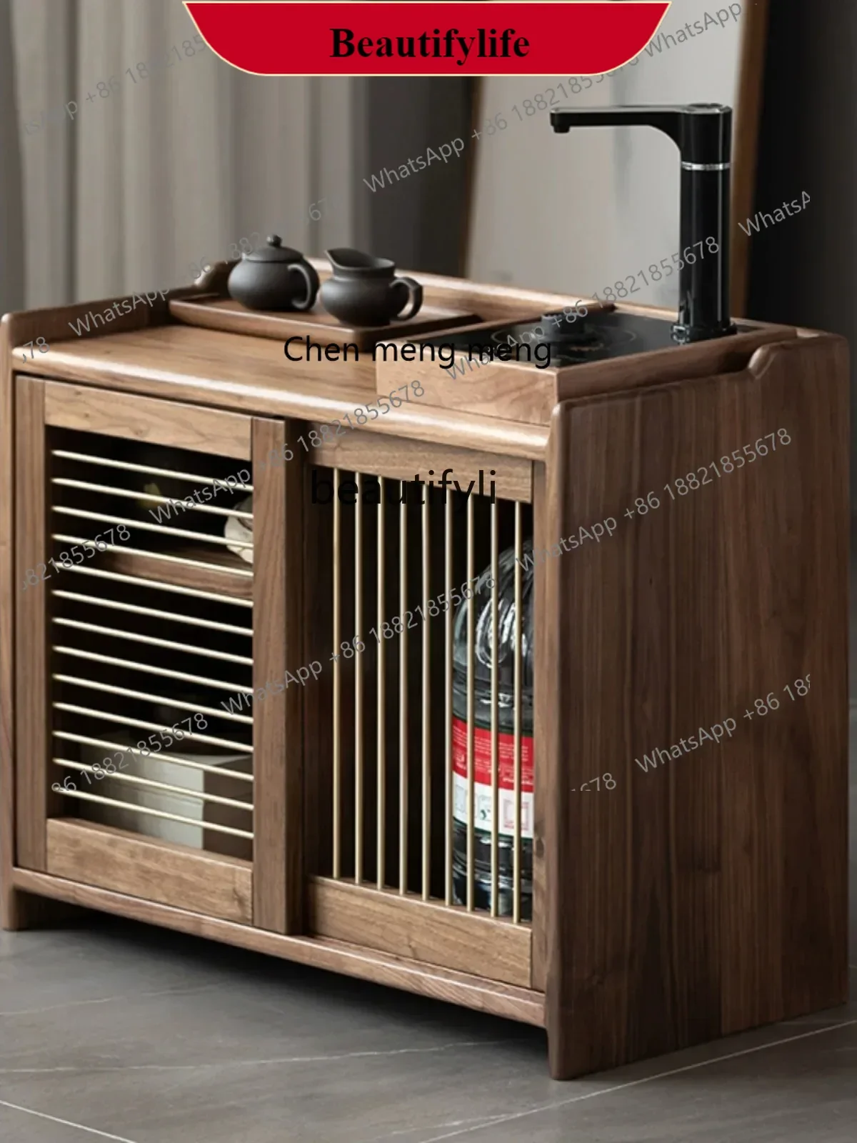 

G153 North America Black Walnut Tea Cabinet Nordic Sliding Door Square Mortise and Tenon Storage Furniture Tea Table Bench Side