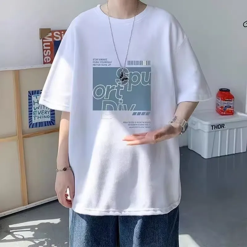 8XL Fitting Trendy New Blue Background With White Characters Print T-shirt with Soft Casual Men Versatile Couple Outfit