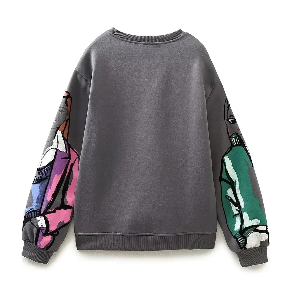 Women 2024 Autumn New Fashion Printing Basic Sweatshirts Vintage O Neck Long Sleeve Female Pullovers Chic Tops