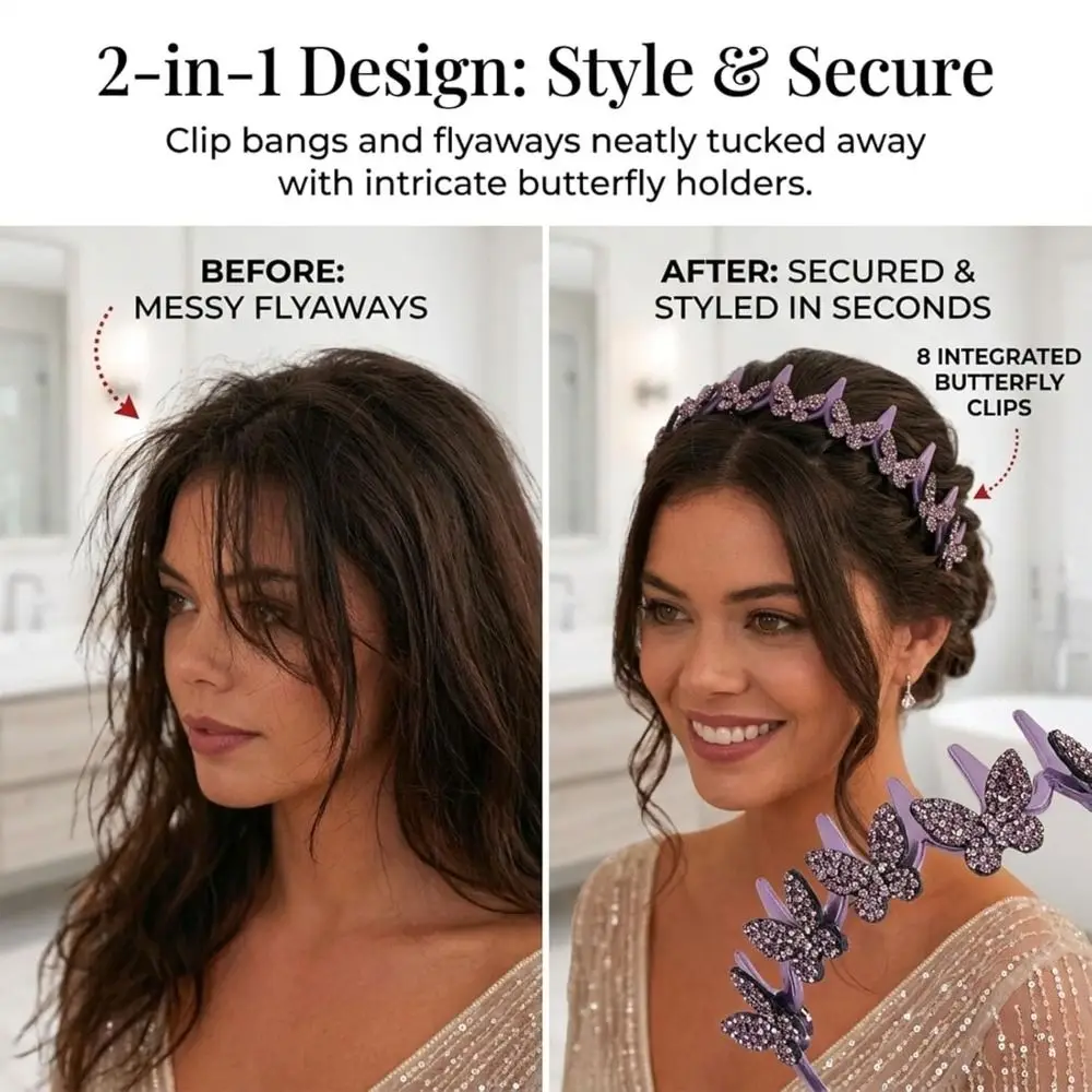 Fashion Silver Butterfly Clip Headband with Non Slip Clips Sparkling Crystal Headband Glitter Wavy Head Bands for Women