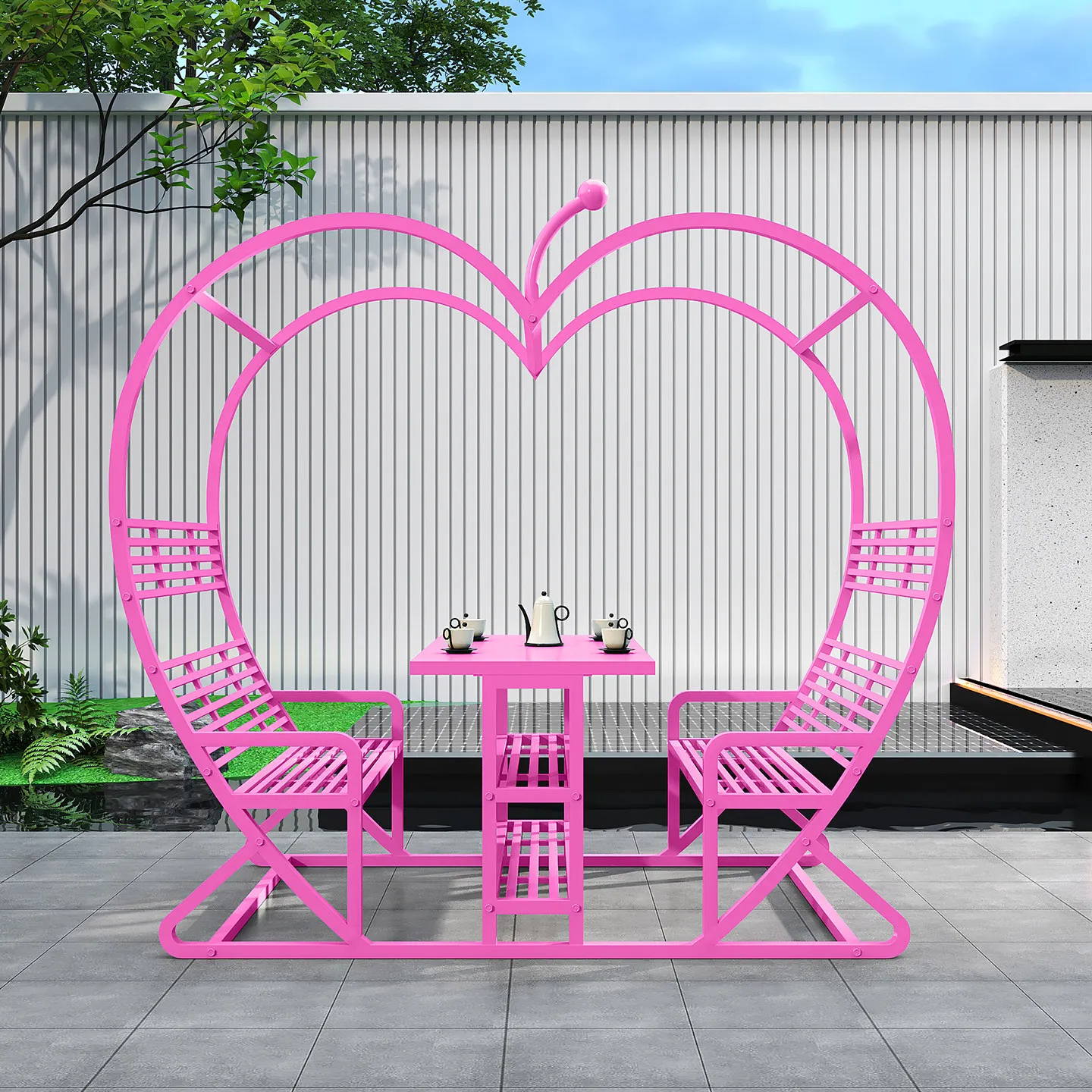&Outdoor Chinese Style Wrought Iron Apple Heart-Shaped Tables Chairs Easy Assembly Outdoor Furniture Garden Set Scenic Area