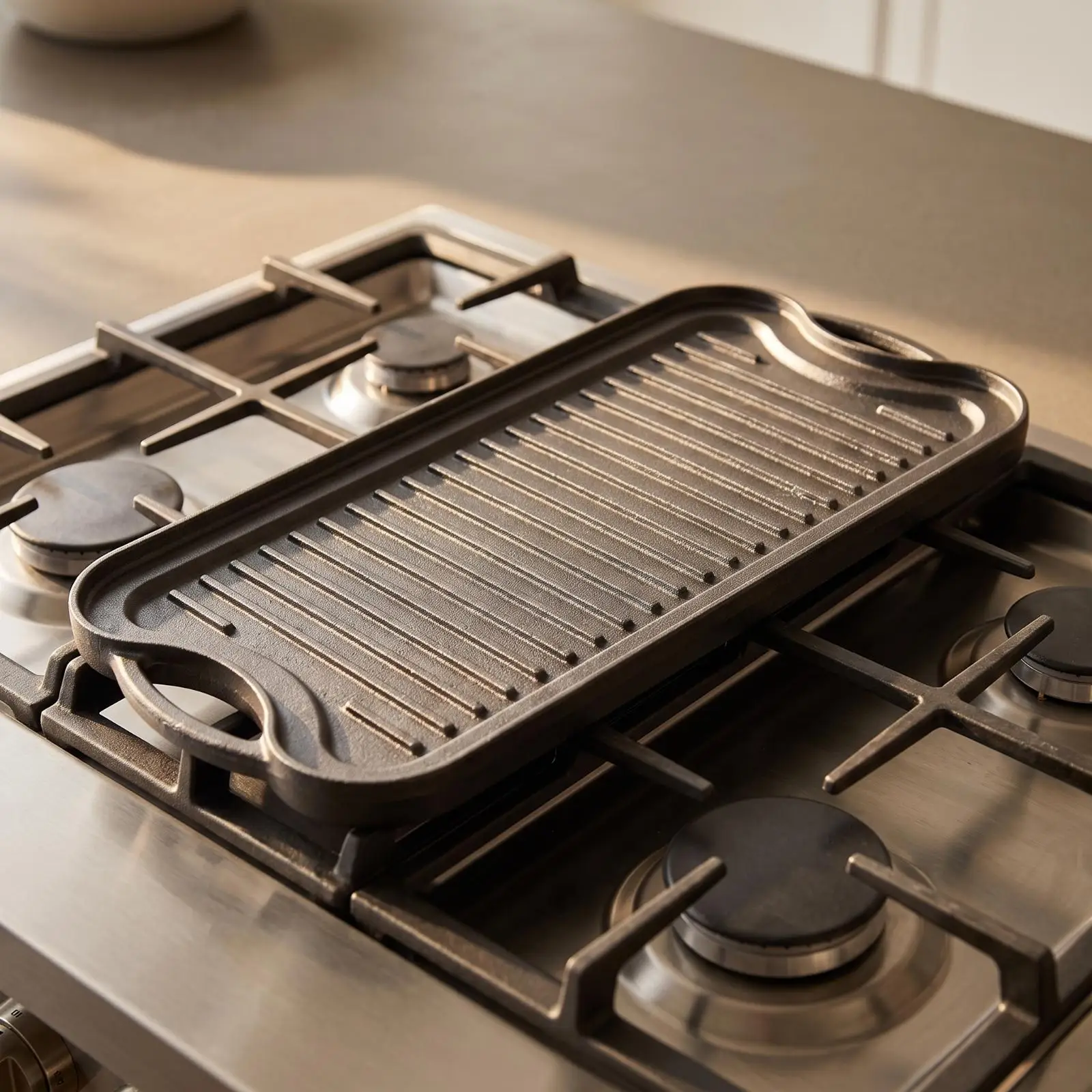 Cast Iron Rectangular Cooking Pan with Ridged Grill Surface for Stovetop and Oven Use