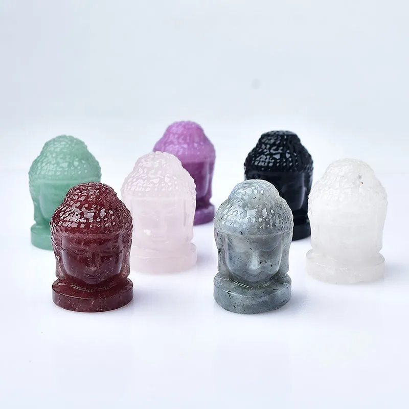 100%  Natural Rose Quartz Obsidian Buddha  Reiki Crystal Figurine Head Carving Mini Statue Feng Shui Crafts Home Decoration Gift