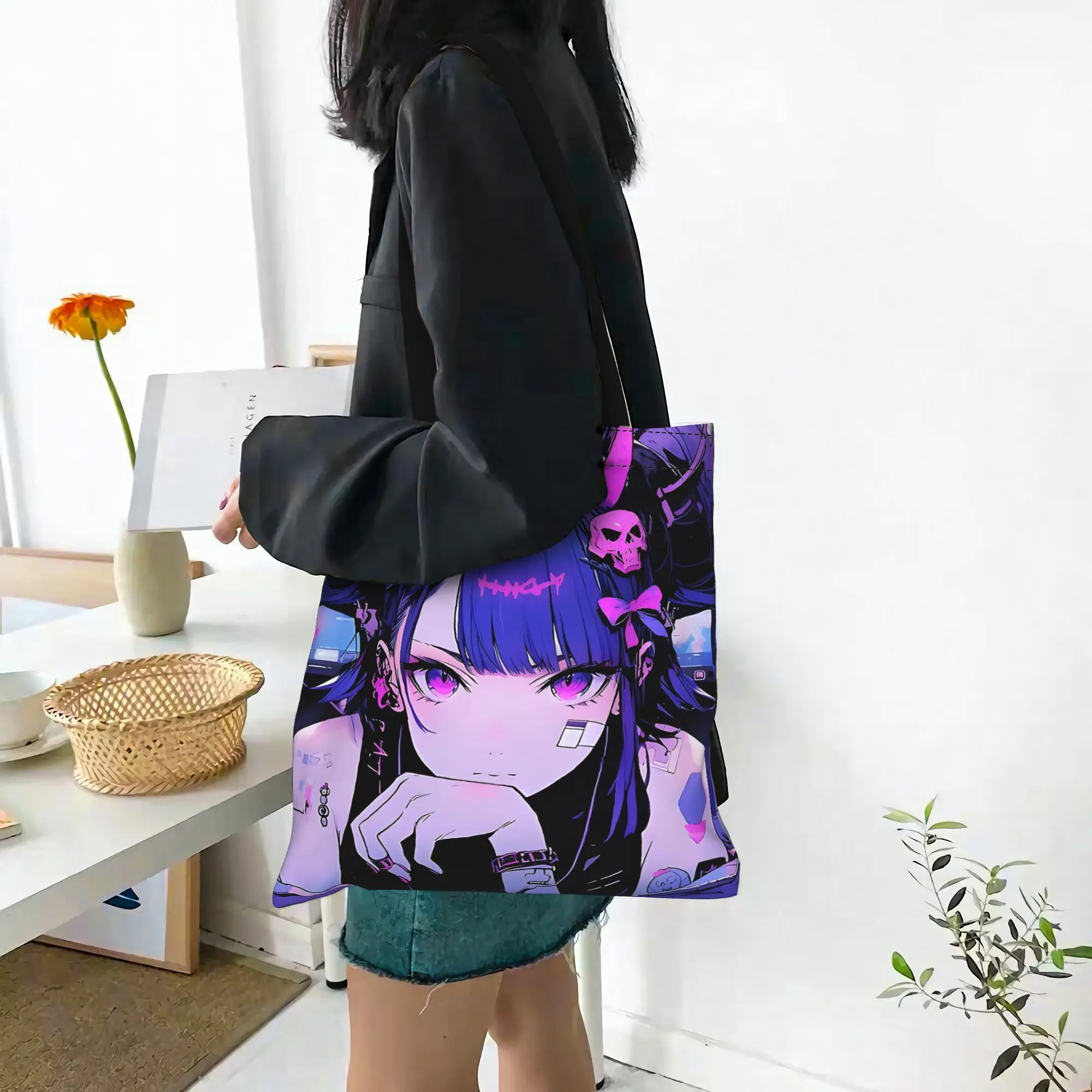 Customized Cute Anime Demon Girl Women's Bag Shopping Bag Reusable Double Sided Canvas Tote Bag Shoulder  Handbag Its bags