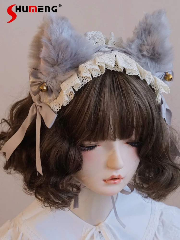 Original Handmade Cute Fox Ear Cat Ear Hair Band Lolita Sweet Plush Gray Headbands for Women Kawaii Hair Accessories