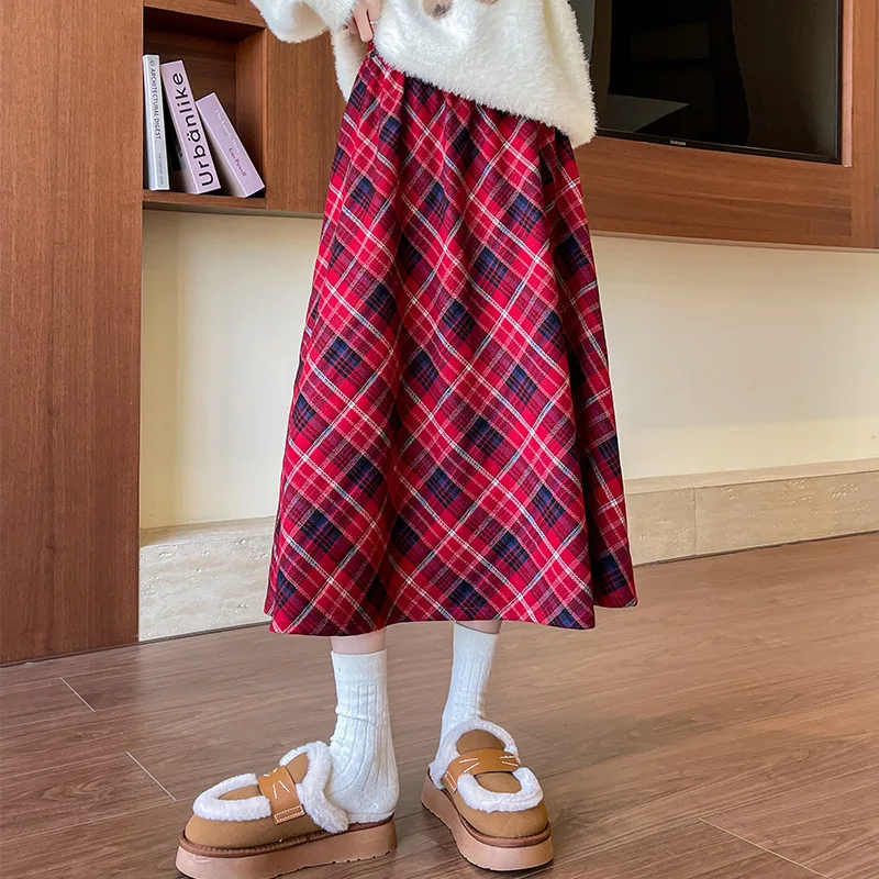 Women's Autumn Winter New Plaid Elastic Pleated Skirt Vintage High Waist Versatile Mid-Length Flared Skirts
