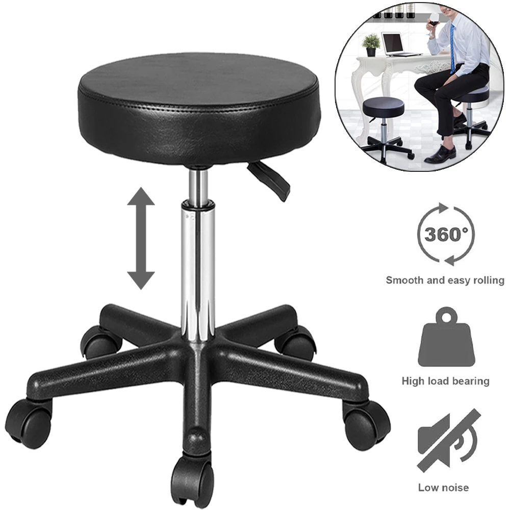 Rolling Round Stool 35cm Diameter with 5 Swivel Casters 360° Rotation Height Adjustable Round Stool for Bar Salon Office