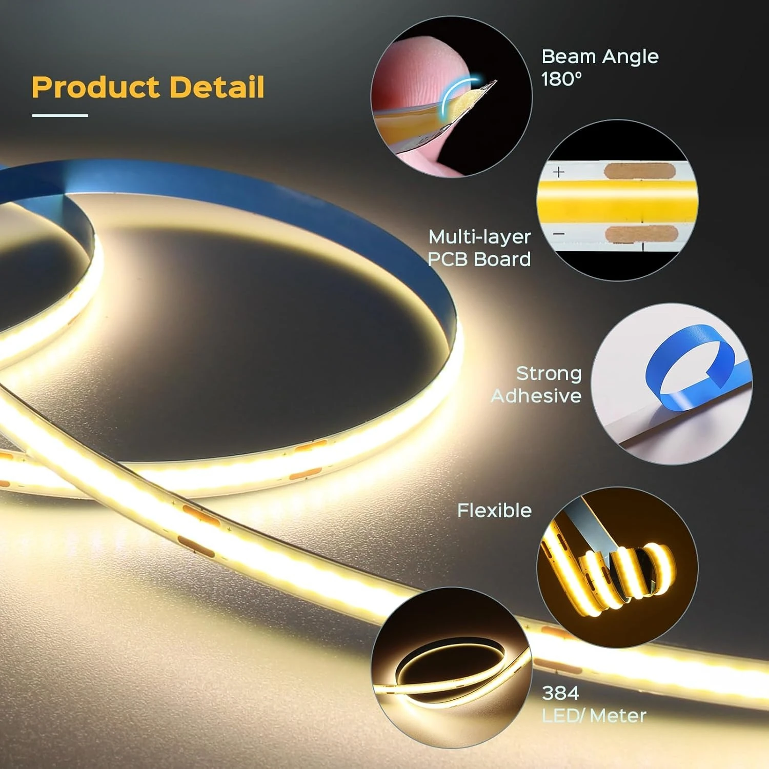 COB LED Strip Light, Dimmable & Bendable & Cuttable, High CRI, Stick-On, for Under Cabinet/TV/Bed/Living Room/Kitchen/DIY Decor